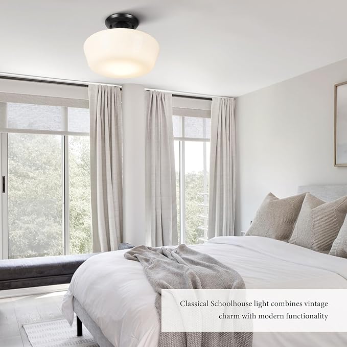 Schoolhouse Style Semi Flush Mount Ceiling Light Fixture, 12" Modern Hallway Ceiling Lamp with Opal Milk Glass Shade, Farmhouse Globe Light for Bedroom Kitchen Hallway Entryway Laundry