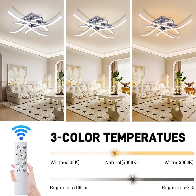 27.5Inch Modern LED Ceiling Light Fixture, 36W Stepless Dimming Curved Wave Ceiling Lamp with Remote for Bedroom, Kitchen, Hallway, Foyer Library Dining Room Silver