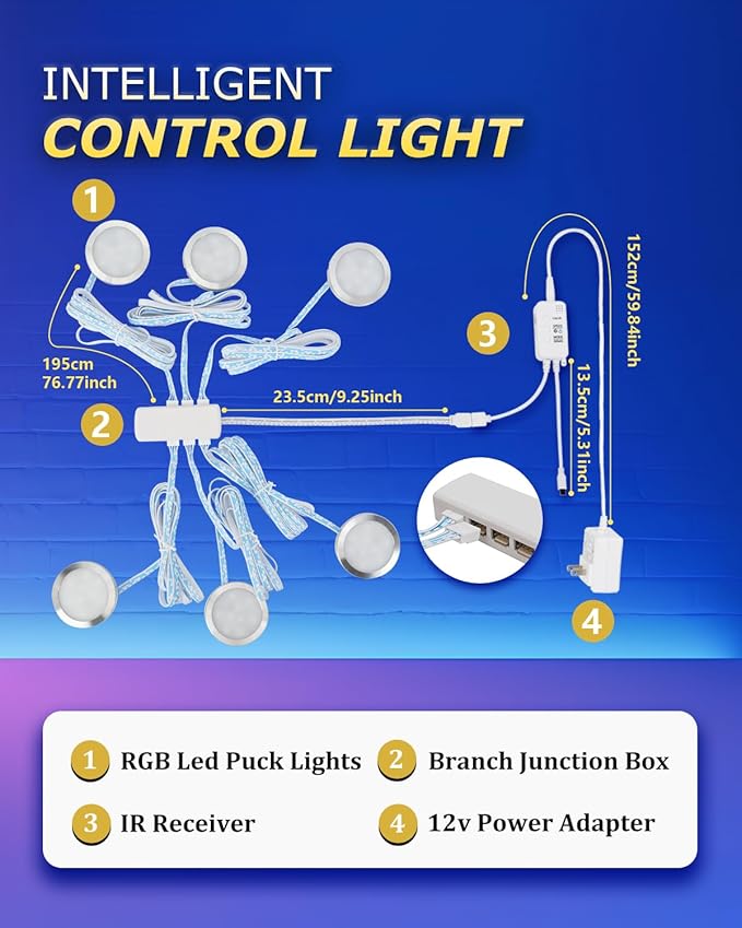 Cefrank RGB LED Puck Lights with Remote & App Control, Color Changing Under Cabinet Lighting with Music Sync, Dimmable Multi-Color Disc Lights for Backlight, Shelf, Showcase (6 Pack)