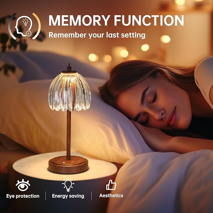 Shenmoyl Tulip Table Lamp with 5200mAh Battery & Touch Control, Small Cordless Table Lamp with 3 Colors, Rechargeable Battery Operated Table Lamps for Bedroom, Desk, Bedside (Transparent-Walnut Color)