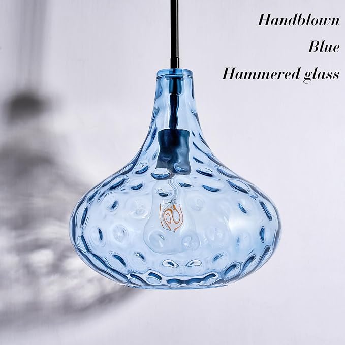 CATINER 11" Hand-Blown Blue Glass Pendant Light, Modern Hammered Glass Hanging Light Fixture with Black Finish, Adjustable Ceiling Pendant Lighting for Kitchen Island, Dining Room, Living Room