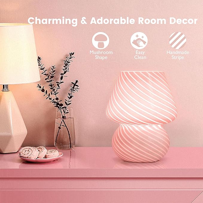 ULAROOM Dorm USB Plug-in Mushroom Lamp Small Bedside Table Lamp with 3 Temperature LED Bulb, Free Dimming Nights Light for Bedroom/Living Room/Entryway/Corner/Table Decor (Stripe Pink)