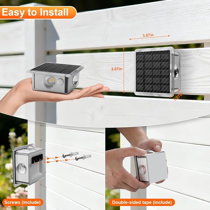 AUDLES Solar Fence Lights Outdoor, IP67 Waterproof 4-Sided Glow Solar Wall Lights, RGB 8 Modes Color Changing Solar Garden Light for Patio Pool Step Porch Yard-12 Pack