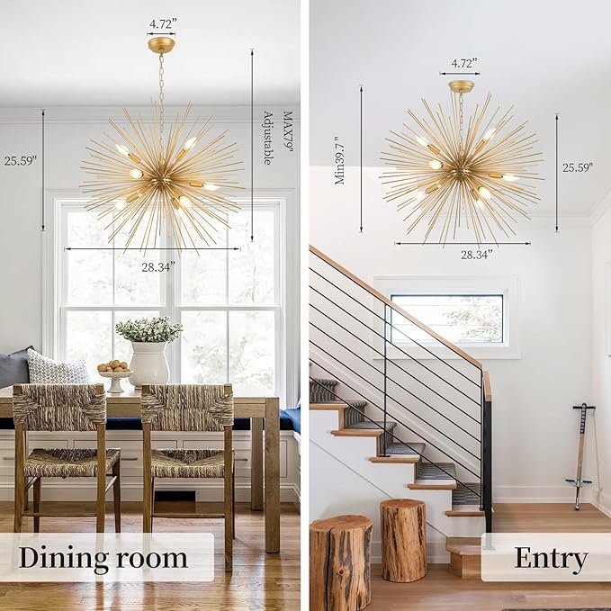 28" Gold Sputnik Chandeliers 9-Light Modern Mid-Century Chandelier Light Fixture Urchin Starburst Firework Chandeliers for High Ceilings, Dining Room, Kitchen, Living Room, Entryway, E12