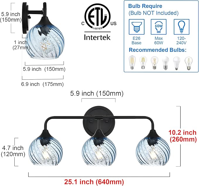 MELUCEE 25 Inch Bathroom Light Fixtures Black, 3-Light Vanity Lights with Blue Striped Swirl Glass Shade, Mid-Century Modern Bathroom Vanity Light Over Mirror