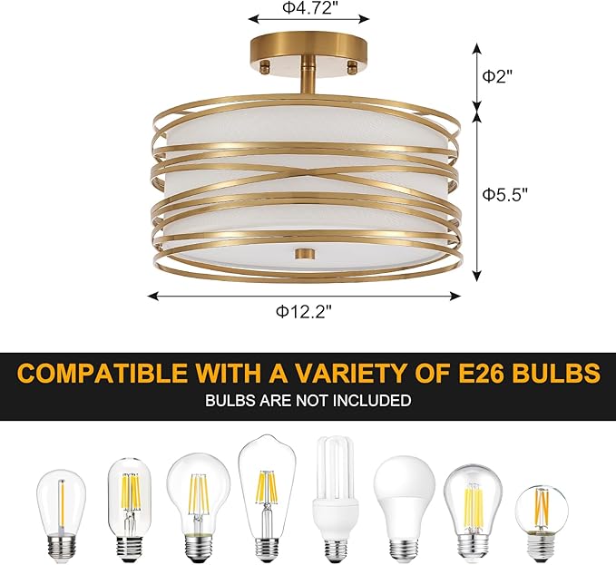Drum Semi Flush Mount Ceiling Light Fixture, Gold Matal & Linen Fabric Shade Ceiling Light, Modern Farmhouse Close to Ceiling Light for Bedroom, Hallway, Entryway, Dining Room, Laundry Room