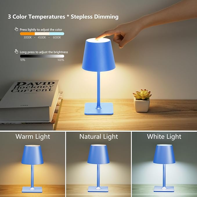 2 Pack Rechargeable Table Lamp - Cordless LED Lamp with 6000mAh Battery Operated LED Desk Lamp, Portable Table Light Outdoor for Dinner Patio Restaurant Bar Bedroom Coffee Shop Night Light(Blue)
