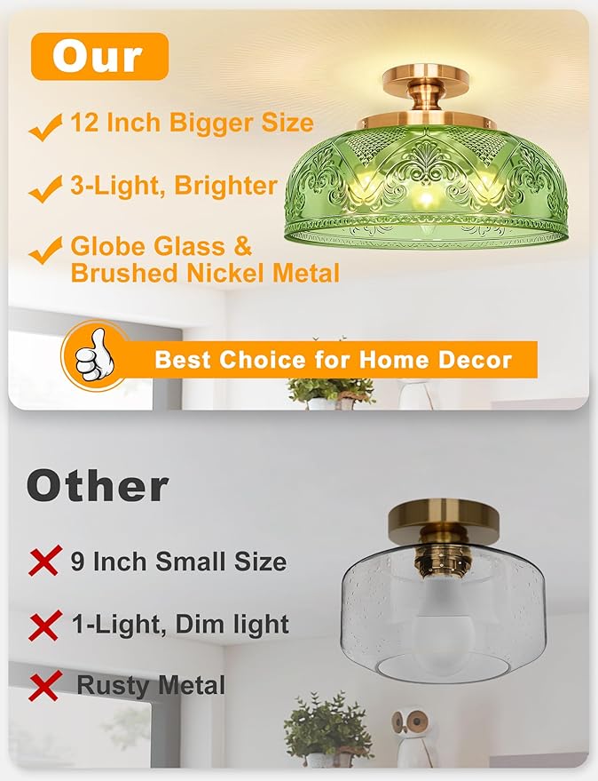 Green Semi Flush Mount Ceiling Light, 12 Inch Large Ceiling Light Fixture Gold, 3-Light Globe Glass Farmhouse Kitchen Lighting Fixtures for Bathroom, Hallway, Dining Room (Bulb Not Included)