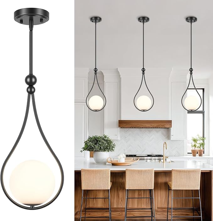 Black Pendant Lights with Milky White Globe Glass Pendant Lights Kitchen Island Adjustable Mid Century Hanging Pendant Light Fixtures for Kitchen Dining Room Entryway, 1 Pack