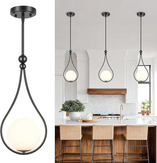 Black Pendant Lights with Milky White Globe Glass Pendant Lights Kitchen Island Adjustable Mid Century Hanging Pendant Light Fixtures for Kitchen Dining Room Entryway, 1 Pack