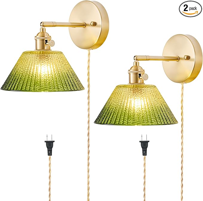 Plug in Wall Sconces Set of 2, Vintage Wall Sconce Light with Gradient Green Glass Lampshade, Bedroom Wall Sconce with Switch and Plug in wall lamp Cord, Gold Wall Light Wall Decor Set of 2