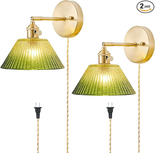 Plug in Wall Sconces Set of 2, Vintage Wall Sconce Light with Gradient Green Glass Lampshade, Bedroom Wall Sconce with Switch and Plug in wall lamp Cord, Gold Wall Light Wall Decor Set of 2