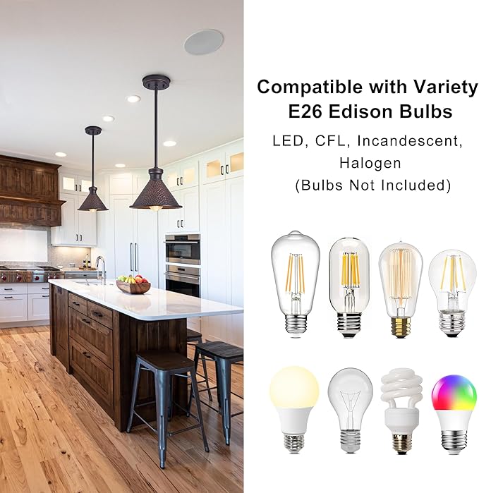 Tarentlight Max 58”Ht Adjustable Tube Mini Pendant,Vintage Hammered Pattern Cast Aluminum Shade,1-E26 Classic Lamp,Oil Rubbed Bronze Farmhouse Hanging Light for Kitchen Island,Entryway,Dining Room.