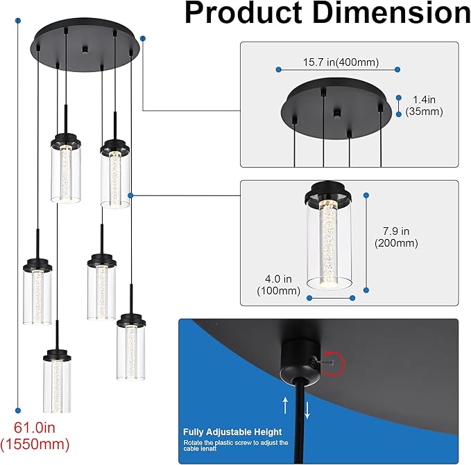 MELUCEE Modern LED Pendant Light Fixtures 6-Light Pendant Lights Kitchen Island with 3000K-6000K Adjustable Color Temperature Black Ceiling Hanging Lamp for Dining Room Bedroom Kitchen Island