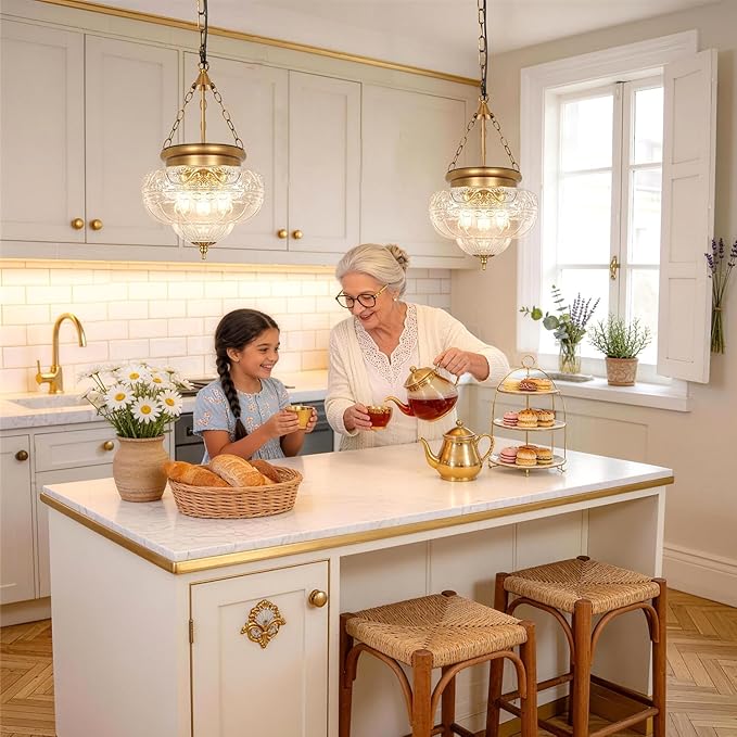 3-Light Brown Bronze Pendant Lights with 12In Floral Glass, Penant Lighting Fixtures with Adjustable Chain, Vintage Pendant Lights Kitchen Island, Hanging Light Fixtures for Dining Room, Entryway, E26