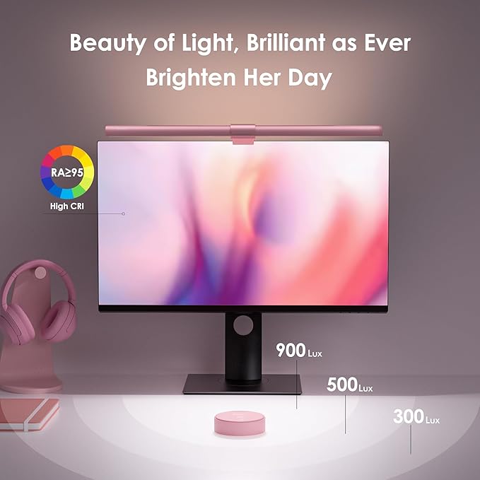 Quntis Pink Monitor Light Bar with Remote, Eye-Care No Glare, Space Saving Computer Desk Lamp As Gifts for Girls, Stepless Dimming, Modern Aesthetic Desk Light Bar for Home Office, Mother's Day