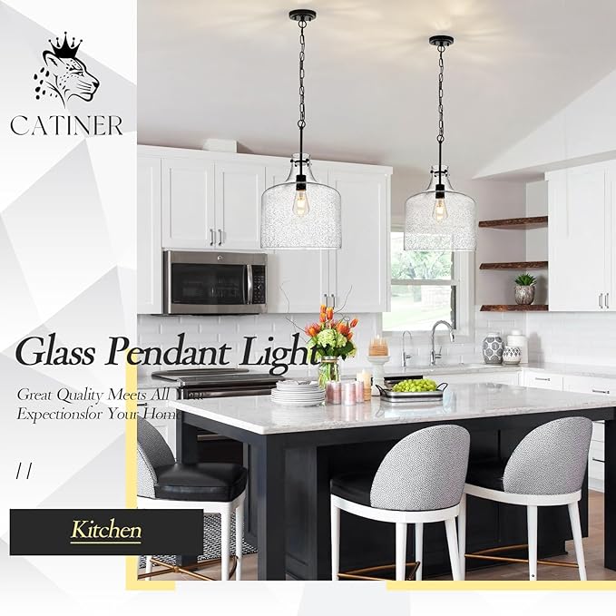 CATINER 12" Black Seeded Glass Pendant Light, Modern Farmhouse Hanging Ceiling Light Fixture for Kitchen Island, Dining Room, Hallway, Hand-Blown Bubble Glass Shade, E26 Dimmable Pendant Lighting