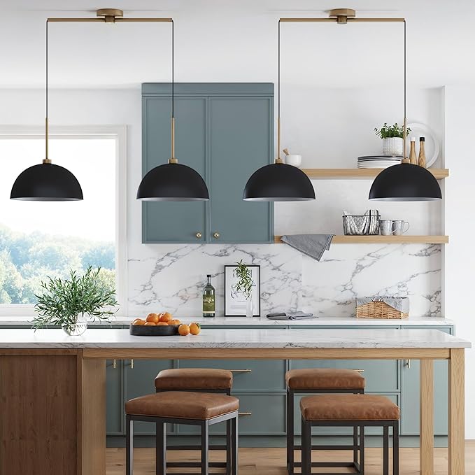 Nathan James Percy Modern 2-Light Pendant Island Light Fixture, Hanging Lights with Metal Shade and Adjustable Cord, for Kitchen, Living Room, Black/Vintage Brass, Set of 2