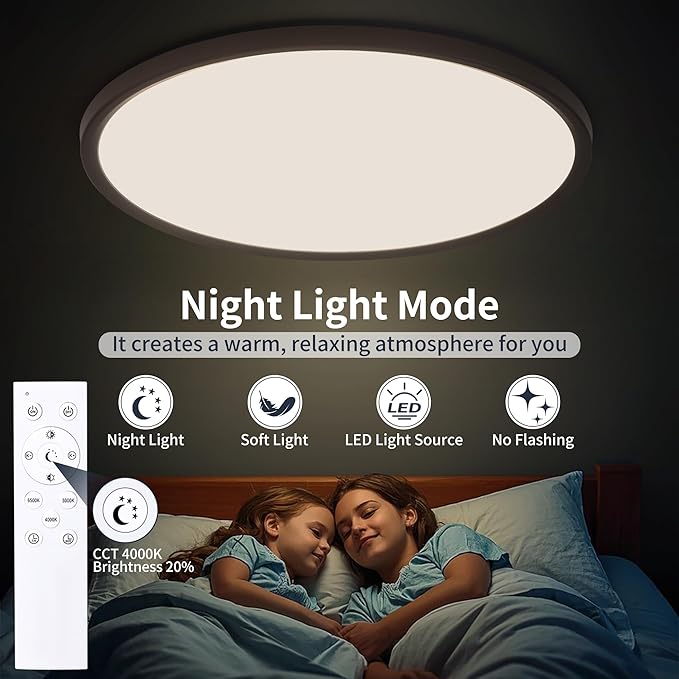 16 Inch Flush Mount Ceiling Light with Remote, 36W Dimmable LED Fixture 3600LM, 3000K-6500K Adjustable, Round Ceiling Lamp for Bedroom, Kitchen, Living Room, Dining Room, Bathroom, Black
