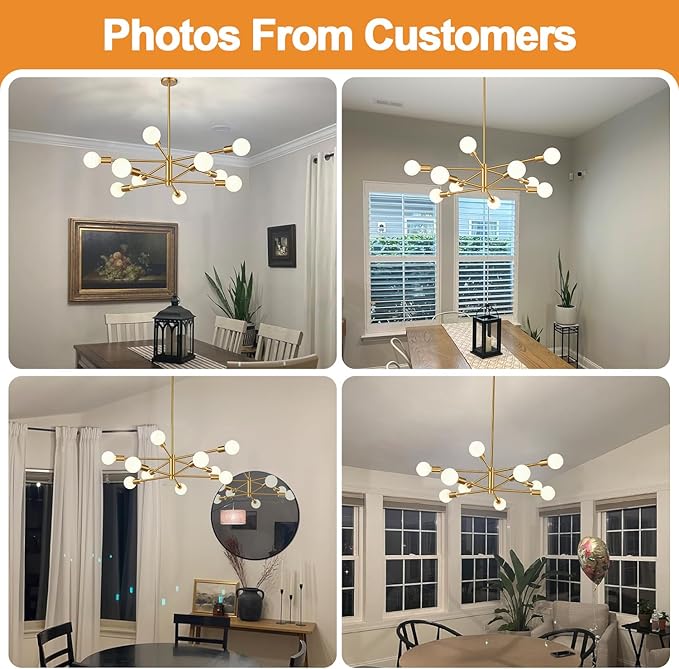 Sputnik Chandeliers Dining Room Light Fixture (10-Light, 32-Inch), Modern Brushed Gold Chandelier, Height Adjustable Mid Century Modern Chandeliers for Bedroom Kitchen Entryway (Bulbs Not Included)