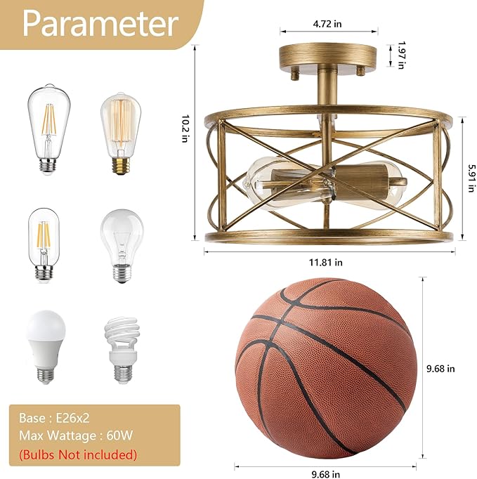 Brushed Gold Semi Flush Ceiling Light Fixture, 2-Light Farmhouse Flush Mount Light Fixture, Modern Industrial Metal Cage Pendant Lighting for Hallway, Bedroom, Kitchen, Foyer, Living Room, Dining Room