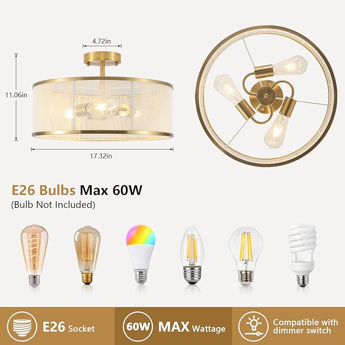17.3" Boho Gold Semi Flush Mount Ceiling Light Modern Fixtures Ceiling Mount with Hand-Woven Rope Shade 3-Light Drum Lighting Fixtures Close to Ceiling Light for Bedroom Living Room Hallway Kitchen