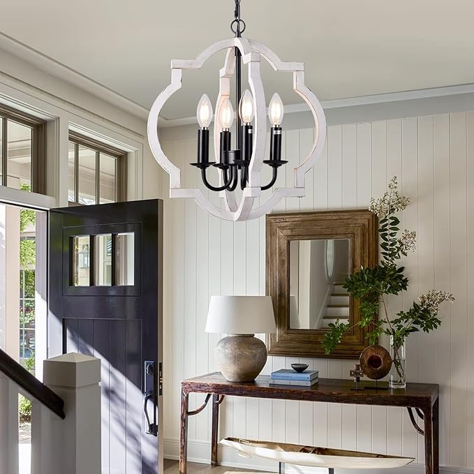 Plug in Chandelier with 16.4ft Cord,On/Off Switch,Orb Wood Farmhouse Light fixtures,Outdoor Chandelier for Gazebo, Kitchen Island Dinning Foyer Entryway,4-Light White Color