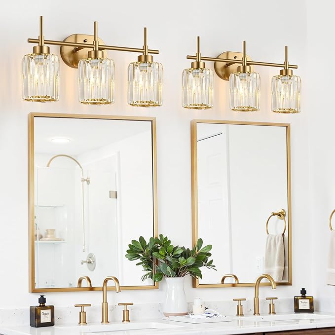 Modern Crystal Bathroom Vanity Light, 3-Light Brushed Gold Bathroom Light Fixtures with Clear Shades, Vanity Lighting Fixtures Over Mirror (Exclude Bulb)