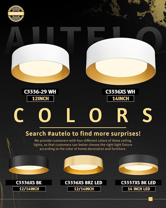 AUTELO Close to Ceiling Light Fixture, 14" Frosted Glass Shade Flush Mount Ceiling Light in White Finish E26 Socket for Living Room Hallway Bedroom C3336XS WH