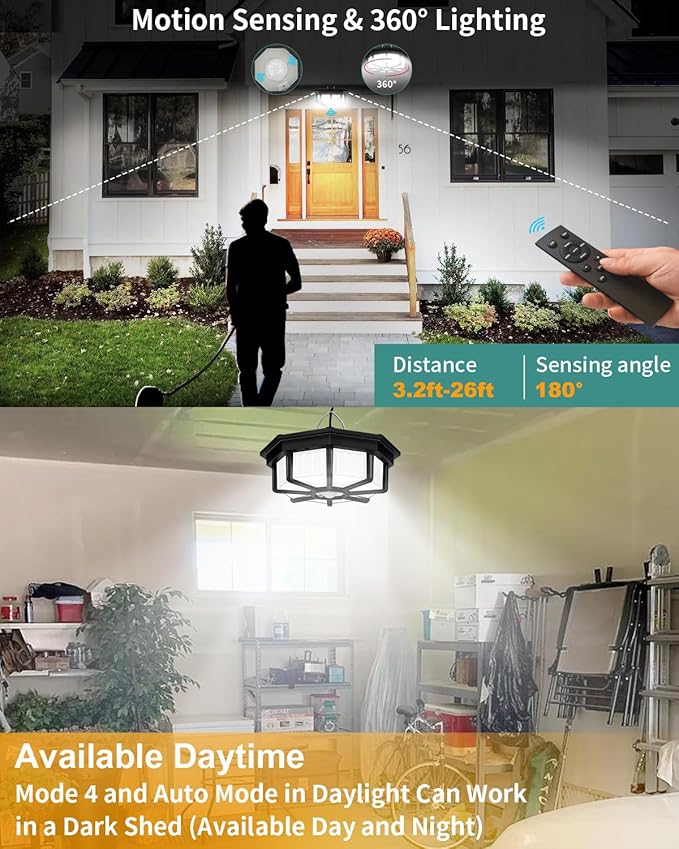 AEQ Solar Shed Light Indoor Outdoor 288LED 360°Lighting Solar Lights Work in Daytime with Remote Control, Waterproof Solar Gazebo Lights with Motion Sensor/5 Modes for Home Shed Garage Barn