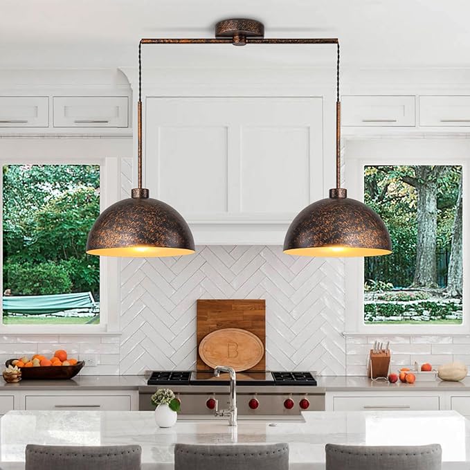 2 Light Copper Pendant Lights Kitchen Island, Farmhouse Dome Pendant Light Fixture with Metal Shade Adjustable Cord for Dining Room, Over Table