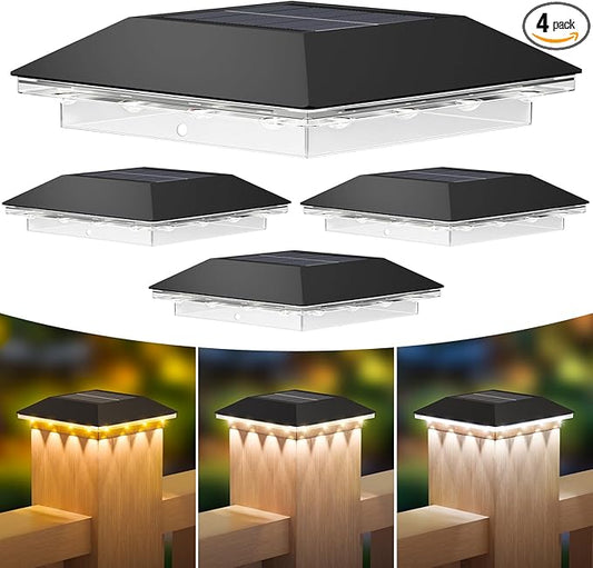Mlambert 4 Pack Solar Post Cap Lights Outdoor - 3 Lighting Modes Waterproof LED Solar Post Lights Fit 3.5×3.5 Wood/4×4 Vinyl Fence Deck Posts, Black