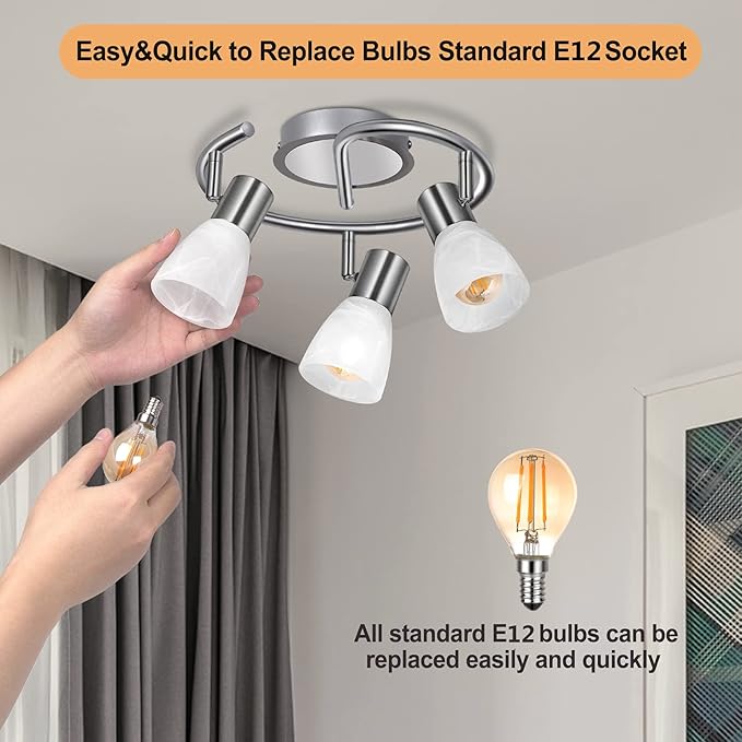 HiBay 3-Light Ceiling Light Fixture, Modern Sliver Adjustable LED Track Lighting Round Spot Lights, Directional Spotlight with Glass Shade for Kitchen Bedroom, Incl 3× 4W E12 Bulbs