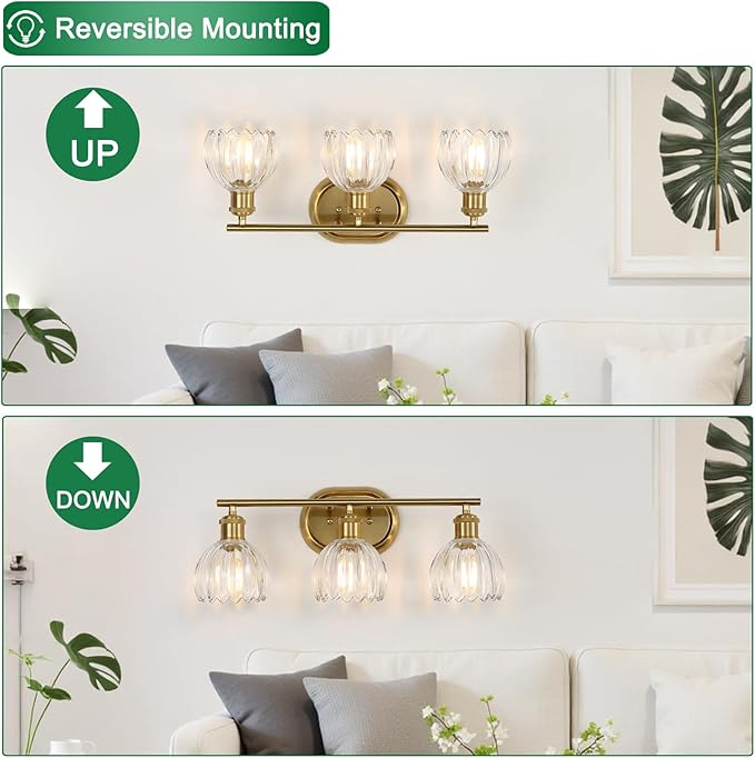 3-Light Bathroom Light Fixtures, Gold Vanity Lights for Bathroom with Ribbed Clear Tulip Glass Shade, Brass Vintage Wall Scone Lighting Over Mirror for Farmhouse,Bedroom,Living Room,Hallway
