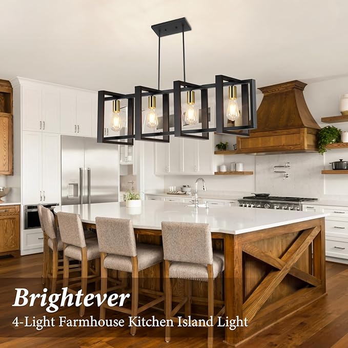4-Light Dining Room Light Fixture, 53’’ Farmhouse Wood Chandelier Kitchen Island Lighting Over Table, Modern Black Gold Rectangular Hanging Pendant Light Fixture for Living Room, E26 Sockets