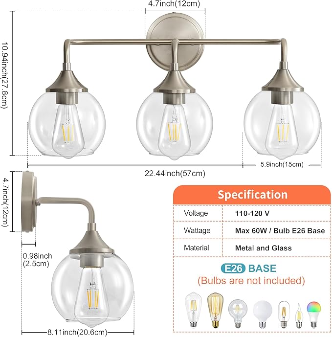Bathroom Light Fixtures 3 Light Bathroom Vanity Light with Clear Glass Shade, 22 inch Vanity Lighting Fixtures Over Mirror, Vanity Lights Fixture (Exclude E26 Bulb) - Brushed Nickel