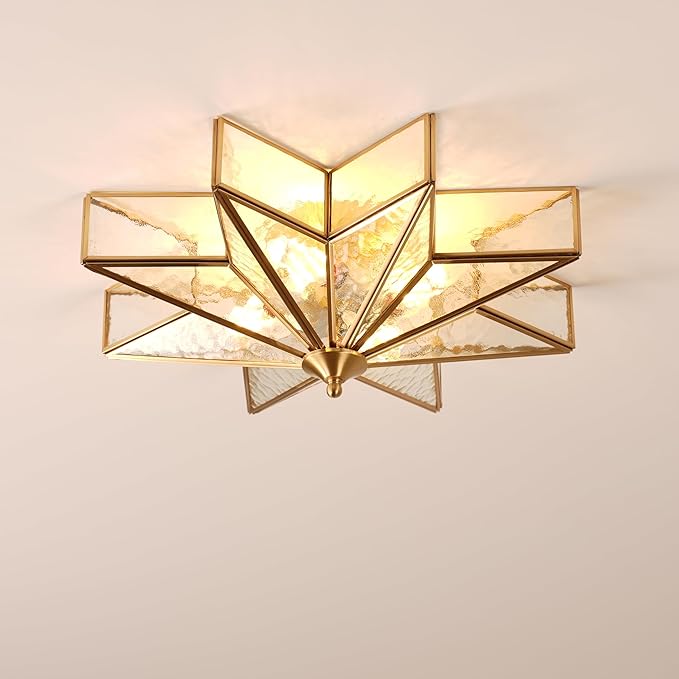 Brass Flush Mount Ceiling Light with Ceramic Light Socket, Star Shaped Ceiling Light Fixture, Mid Century Glass Ceiling Mount Lamp for Entryway, Foyer, Bedroom (Rippled Glass, 19.7")