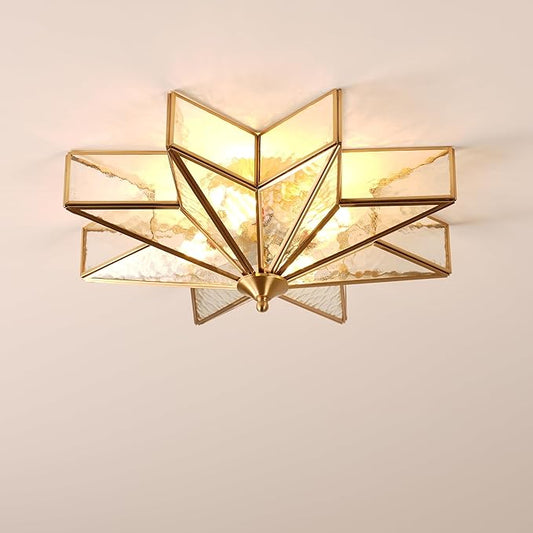 Brass Flush Mount Ceiling Light with Ceramic Light Socket, Star Shaped Ceiling Light Fixture, Mid Century Glass Ceiling Mount Lamp for Entryway, Foyer, Bedroom (Rippled Glass, 19.7")