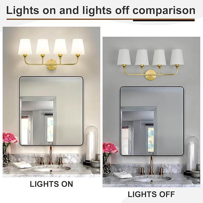 Bathroom Vanity Light, Brushed Gold Bathroom Light Fixtures, 4-Light Lighting Fixtures Over Mirror, Modern Wall Sconce with Flared White Fabric Shade, E26 Socket(ETL Listed)
