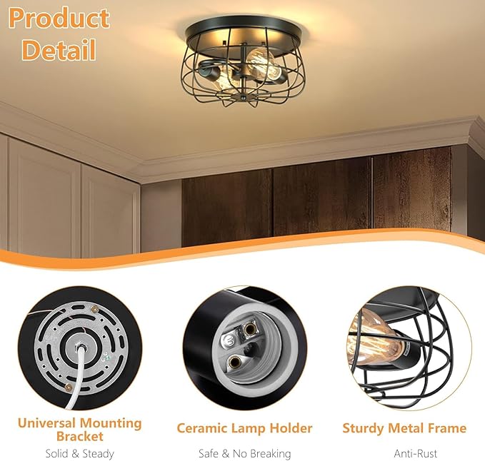 2-Light Farmhouse Ceiling Light Fixtures, Industrial Hallway Light, Vintage Black Metal Cage Ceiling Lamp for Living Room, Kitchen, Bedroom