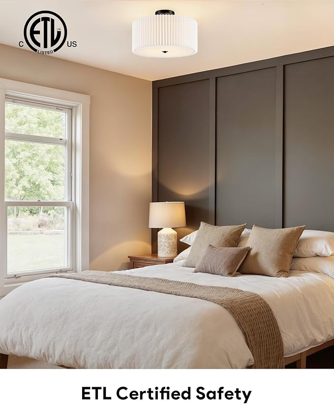 VONLUCE Semi-Flush Mount Ceiling Light, 15.7" Modern 3-Light Ceiling Light Fixture with White Pleated Drum Shade 3 E26 Sockets for Bedroom Entryway Living Room, Black Finish, ETL Certificated