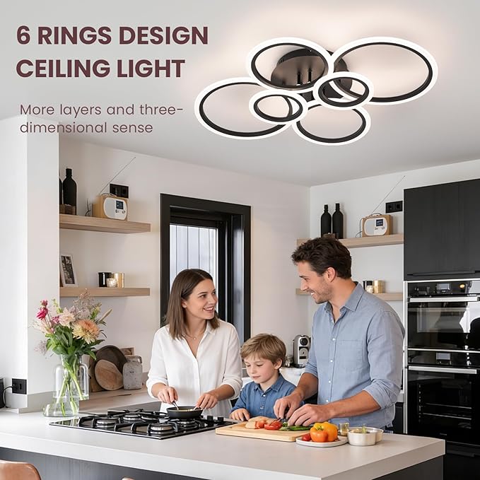 Modern Ceiling Light, 6 Rings Black Dimmable Flush Mount Ceiling Light with Remote, Acrylic Close to Ceiling Lighting Fixture for Living Room Dining Room Bedroom Kitchen (Black, 6 Heads)