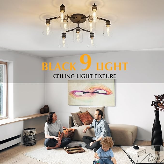 9 Light Kitchen Lighting Fixtures Ceiling Black Semi Flush Mount Ceiling Light Fixture Large Living Room Lighting Cieling Lamps for Dining Room Living Room Light Fixture with Clear Glass Shades