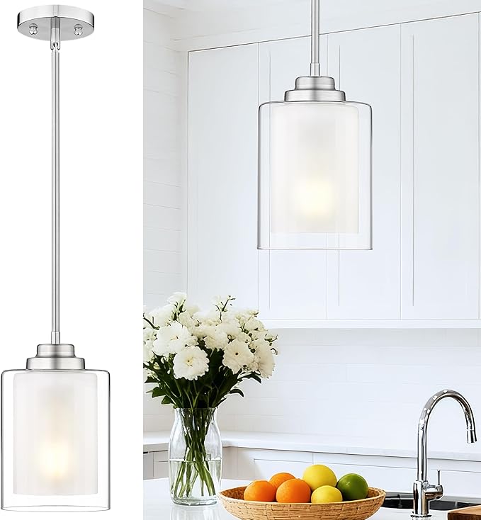 TENGXIN Modern Pendant Light,6-INCH Brushed Nickel Modern Pendant Light for Kitchen Island,Hanging Ceiling Light Fixture,Farmhouse Pendant Lighting for Dining Room Bedroom Bar Office,TXPLBN02-L