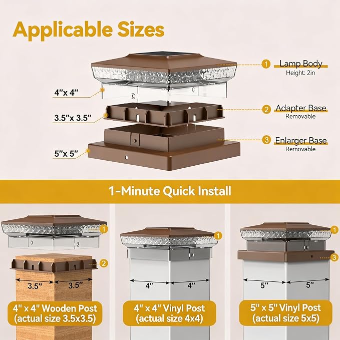 Solar Post Cap Lights, 6-Pack Upgraded Outdoor Deck Fence Post Solar Lights for 4x4 5x5 Wood/Vinyl Posts, IP65 Waterproof, 10-12 Hours Warm/Cool White Glow for Garden/Patio/Porch - Brown