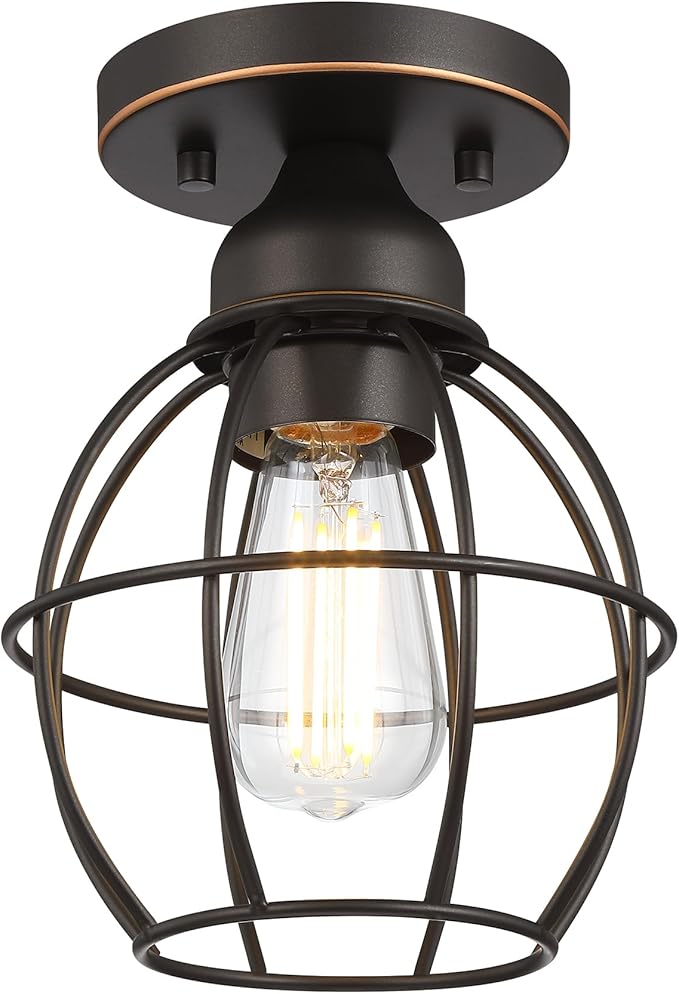 Farmhouse Ceiling Light Fixture, Vintage Semi Flush Mount Ceiling Light, Small Metal Cage Lighting Lamp for Hallway Entryway Kitchen Porch, Oil Rubbed Bronze Finish, 1-Pack