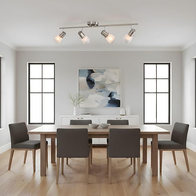 4-Light Track Lighting Kit, Brushed Nickel Flush Mount Ceiling Light Fixture with Frosted Glass Shades, Foldable Arms with E26 Adjustable Heads Spotlight, ETL Listed (35.6 inch)