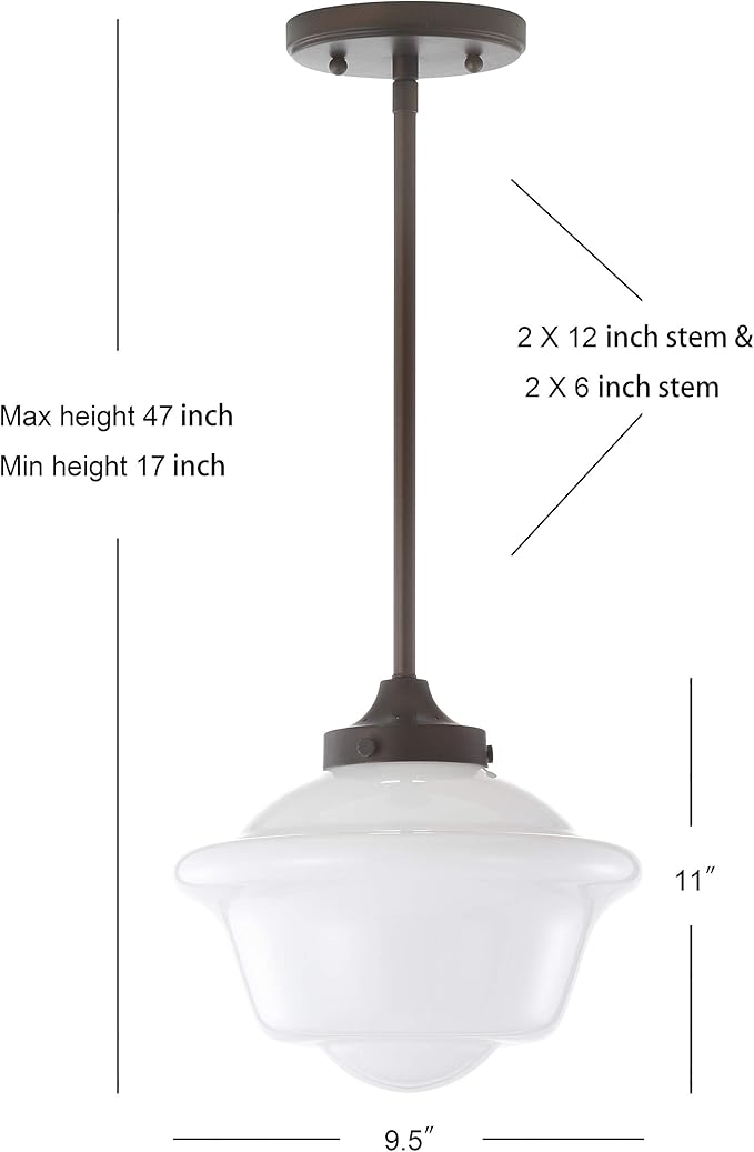 JONATHAN Y 9.5" Oil Rubbed Bronze Modern Schoolhouse LED Pendant Light Fixture, Adjustable Drop Metal Hanging Lamp with White Glass Shade for Kitchen Island, Dining Room, Foyer (JYL3517C)