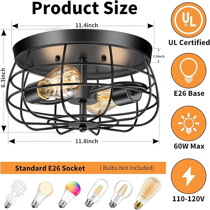 2-Light Farmhouse Ceiling Light Fixtures, Industrial Hallway Light, Vintage Black Metal Cage Ceiling Lamp for Living Room, Kitchen, Bedroom