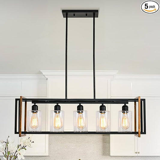 5-Light Black and Bronze Kitchen Island Lighting, Farmhouse Dining Room Light Fixtures Over Table, Linear Chandelier for Dining Room, Pool Table Pendant Light with Seeded Glass Shade